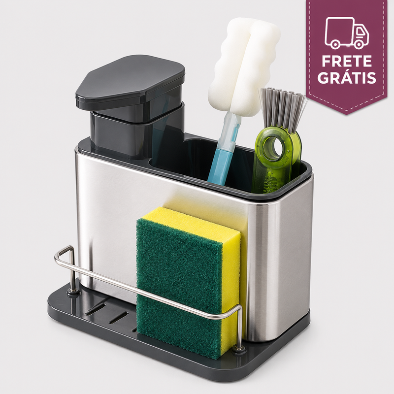 Dispenser Organizador de Pia Premium em Aço Inox – Porta Detergente 4 em 1