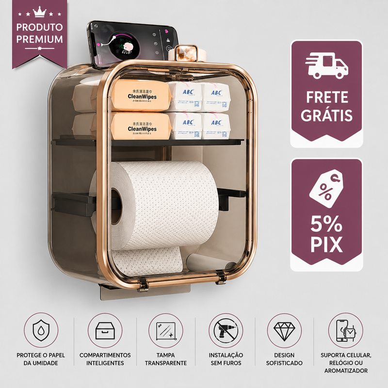 Organizador Premium para Papel Higiênico com Compartimentos e Proteção Contra Umidade