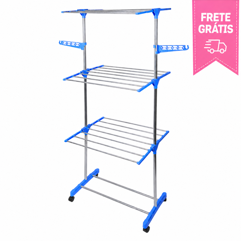 Varal de Roupa Dobrável Vertical em Aço Inox com Rodinhas e Abas Laterais