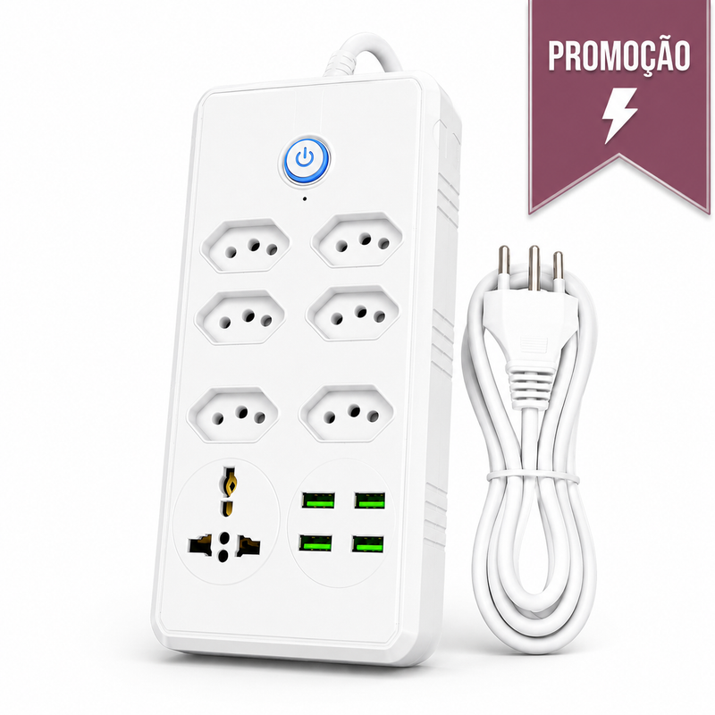Filtro de Linha 7 Tomadas com 4 USB – Proteção, Organização e Carregamento Rápido