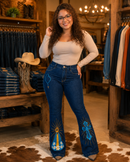 Calça Jeans Flare Country Bordada Feminina com Elastano Modeladora