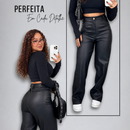 Calça Feminina Wide Leg Cintura Alta Couro Premium Preta Modeladora