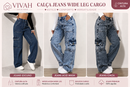 Calça Jeans Wide Leg Cargo Feminina Cintura Alta Premium