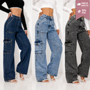 Calça Jeans Wide Leg Cargo Feminina Cintura Alta Premium