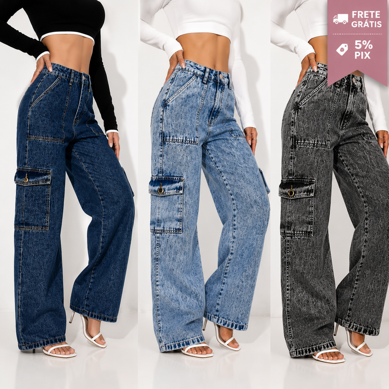 Calça Jeans Wide Leg Cargo Feminina Cintura Alta Premium