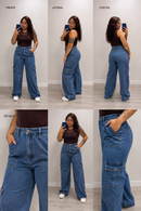 Calça Jeans Wide Leg Cargo Feminina Cintura Alta Premium