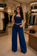 Conjunto Jeans Feminino Wide Leg com Strass – Top Tomara que Caia + Calça Cintura Alta