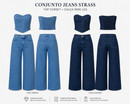 Conjunto Jeans Feminino Wide Leg com Strass – Top Tomara que Caia + Calça Cintura Alta