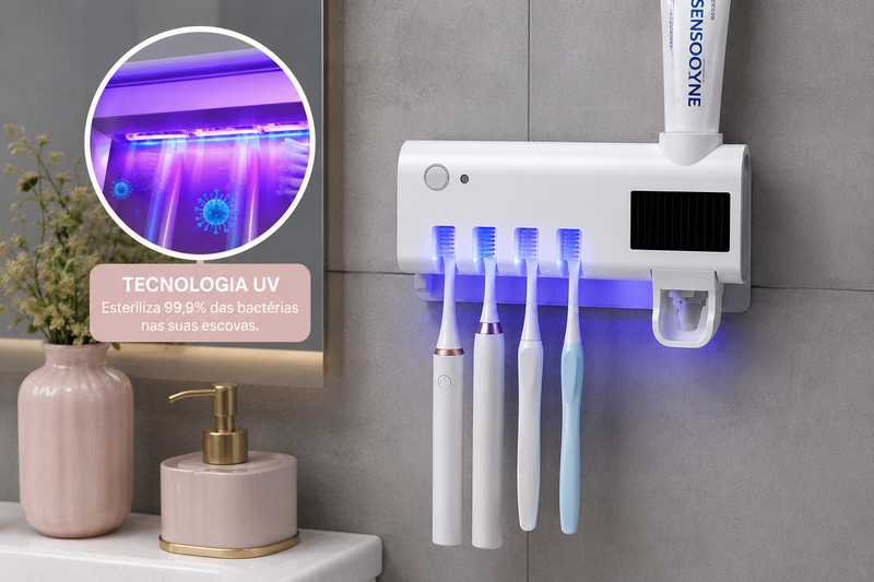 Dispenser Automático UV para Pasta de Dente + Esterilizador de Escovas 3 em 1
