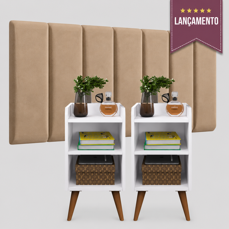 Cabeceira Modulada Estofada com 2 Mesas de Cabeceira | Camurça Premium para Cama Box 0,90m a 1,95m