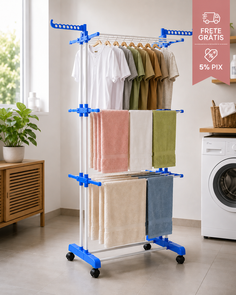 Varal Vertical Dobrável 3 Andares com Rodinhas – Organize e Seque Mais Roupas em Menos Espaço