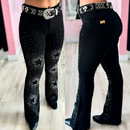 Calça Flare Jeans Feminina Country Rodeio de Luxo Cintura Alta com Strass