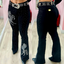 Calça Jeans Feminina Flare Country Rodeio de Luxo com Strass – Cintura Alta com Lycra