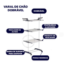 Varal Chão 3 Andares Roupa 4 Rodas Dobrável Reforçado