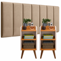 Conjunto Quarto: 2 Mesas de Cabeceira com Nicho e Prateleira + Cabeceira Adesiva p/ Cama Box 0,90 até 1,95m