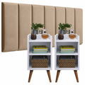 Conjunto Quarto: 2 Mesas de Cabeceira com Nicho e Prateleira + Cabeceira Adesiva p/ Cama Box 0,90 até 1,95m