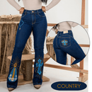 Calça Jeans Flare Country Bordada Feminina com Elastano Modeladora