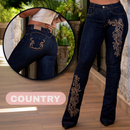Calça Jeans Flare Country Bordada Feminina com Elastano Modeladora