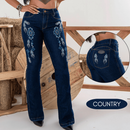 Calça Jeans Flare Country Bordada Feminina com Elastano Modeladora