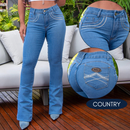Calça Jeans Flare Country Bordada Feminina com Elastano Modeladora
