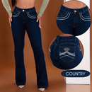 Calça Jeans Flare Country Bordada Feminina com Elastano Modeladora