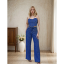 Conjunto Jeans Feminino Wide Leg com Strass – Top Tomara que Caia + Calça Cintura Alta