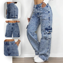 Calça Jeans Wide Leg Cargo Feminina Cintura Alta Premium