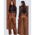 Calça Cargo Feminina Couro Sintético Premium Cintura Alta