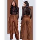 Calça Cargo Feminina Couro Sintético Premium Cintura Alta