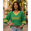 Camiseta Brasil Feminina em Linho — Manga Morcego Gola V Copa do Mundo Verão