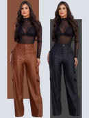 Calça Pantalona Wide Leg Reta Cargo Couro Fake Cintura Alta Moda Gringa Bolso Lateral