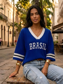 Camiseta Brasil Feminina Copa do Mundo Tricot Canelado Manga Morcego Gola V Linho Moda Verão
