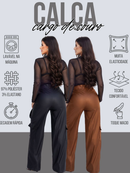 Calça Pantalona Wide Leg Reta Cargo Couro Fake Cintura Alta Moda Gringa Bolso Lateral