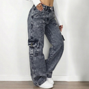 Calça Jeans Wide Leg Cargo Feminina Cintura Alta Premium