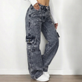 Calça Jeans Wide Leg Cargo Feminina Cintura Alta Premium