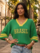 Camiseta Brasil Feminina Copa do Mundo Tricot Canelado Manga Morcego Gola V Linho Moda Verão