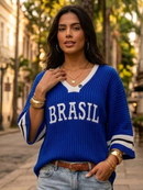Camiseta Brasil Feminina Copa do Mundo Tricot Canelado Manga Morcego Gola V Linho Moda Verão