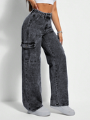 Calça Jeans Feminina Cargo Wide Leg Marmorizada Pantalona Boca Larga Bolso Lateral