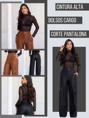 Calça Pantalona Wide Leg Reta Cargo Couro Fake Cintura Alta Moda Gringa Bolso Lateral