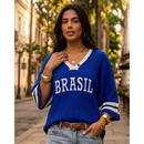 Camiseta Brasil Feminina em Linho — Manga Morcego Gola V Copa do Mundo Verão