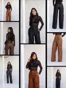 Calça Pantalona Wide Leg Reta Cargo Couro Fake Cintura Alta Moda Gringa Bolso Lateral