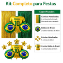 Kit Copa do Mundo – 2 Cortinas Metalizada Verde e Dourada + 2 Balões Bola Futebol + 5 Estrelas + 1 Balão Camisa Brasil