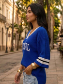 Camiseta Brasil Feminina Copa do Mundo Tricot Canelado Manga Morcego Gola V Linho Moda Verão
