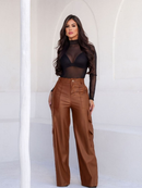 Calça Pantalona Wide Leg Reta Cargo Couro Fake Cintura Alta Moda Gringa Bolso Lateral