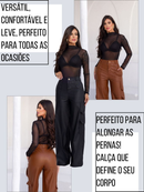 Calça Pantalona Wide Leg Reta Cargo Couro Fake Cintura Alta Moda Gringa Bolso Lateral