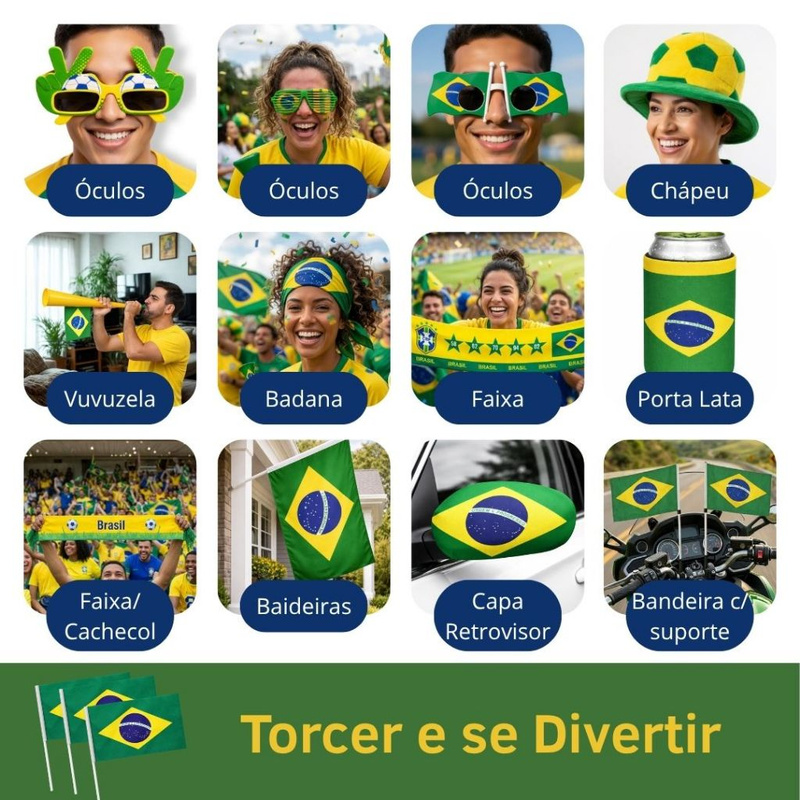 Kit Torcida Brasil Completo 🇧🇷 | Bandeira + Vuvuzela + Chapéu + Óculos + Cachecol