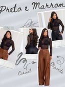 Calça Pantalona Wide Leg Reta Cargo Couro Fake Cintura Alta Moda Gringa Bolso Lateral