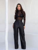 Calça Pantalona Wide Leg Reta Cargo Couro Fake Cintura Alta Moda Gringa Bolso Lateral