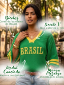 Camiseta Brasil Feminina Copa do Mundo Tricot Canelado Manga Morcego Gola V Linho Moda Verão