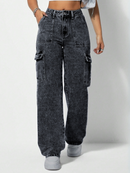 Calça Jeans Feminina Cargo Wide Leg Marmorizada Pantalona Boca Larga Bolso Lateral